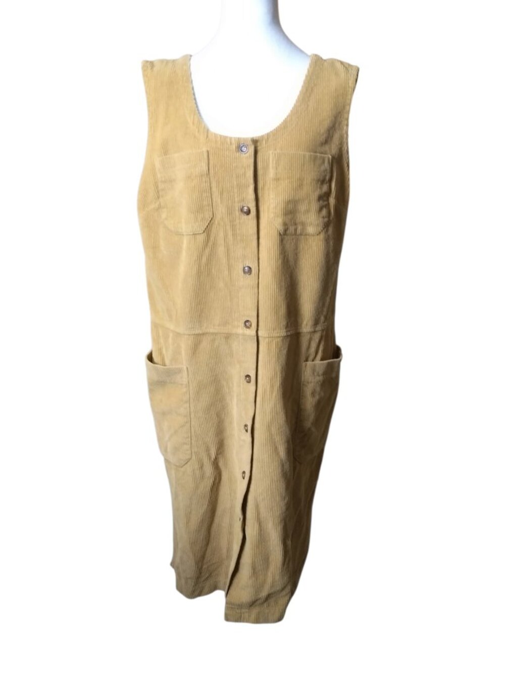 The Vermont Country Store Size Large Tan Corduroy Jumper Dress Pockets Modest